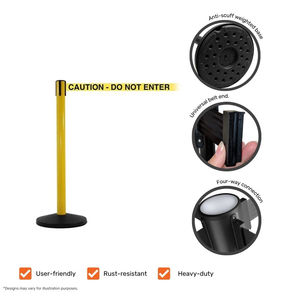 Yellow barrier post with “Caution – Do Not Enter” belt, showing anti-scuff weighted base, universal belt end, and four-way connection design for industrial safety use.

