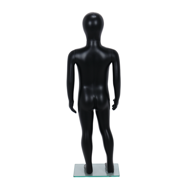 Matt black child egghead mannequin 1000mm high, chest 570mm, waist 530mm, hips 580mm, on a 200 x 300mm base, weighing 5.5kg.

