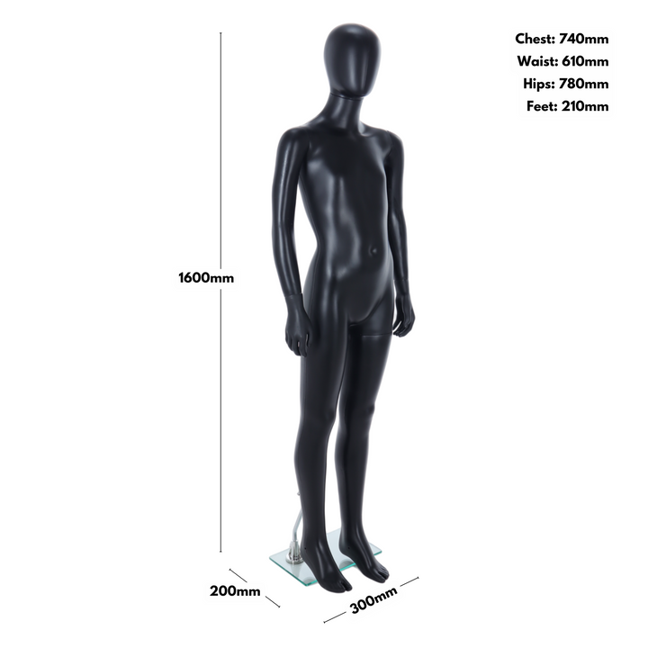 Black child egghead mannequin measuring 1600mm high on a 200 x 300mm base, chest 740mm, waist 610mm, hips 780mm, weighing 7kg.
