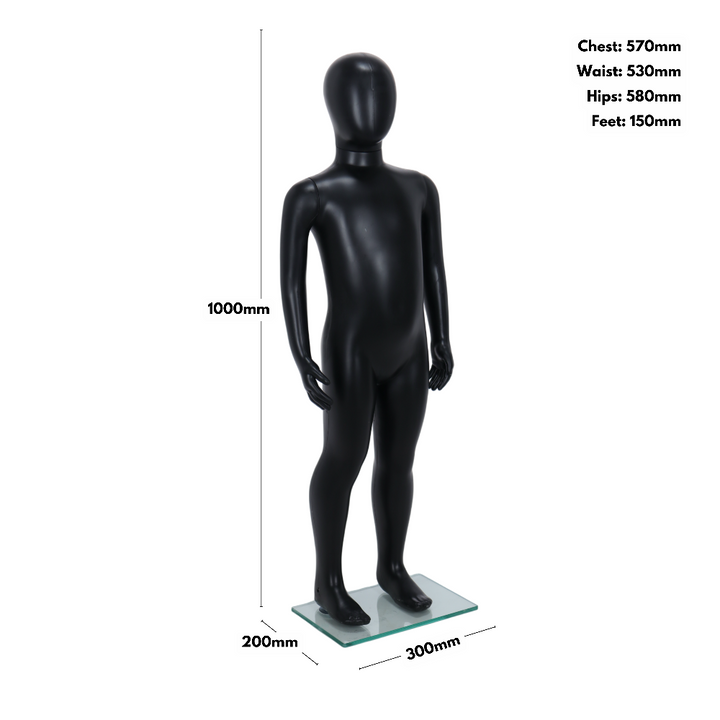 Matt black child egghead mannequin with foot-spigot on a 200 x 300mm base, recyclable and shatter-proof for ages 3 to 4 childrenswear retail displays.
