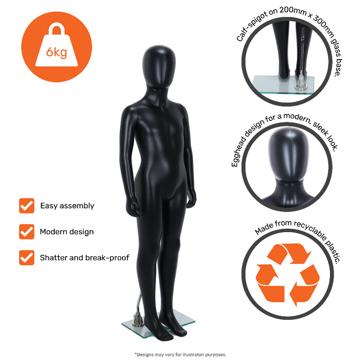 Matt black child egghead mannequin with calf-spigot on a 200 x 300mm glass base, recyclable and shatter-proof for ages 7 to 8 childrenswear retail.
