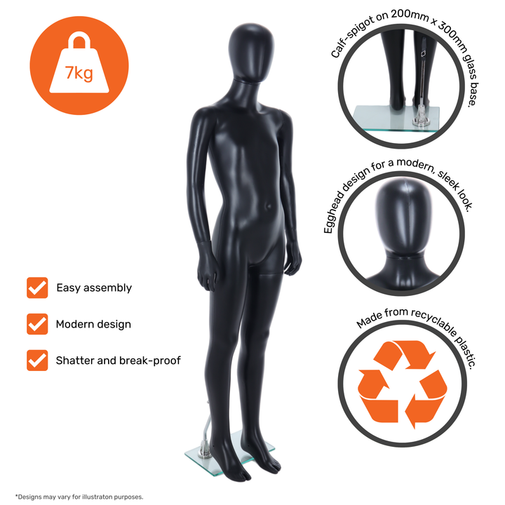 Matt black child mannequin with a calf-spigot glass base, egghead design and recyclable construction, shatter-proof and easy to assemble for retail displays.
