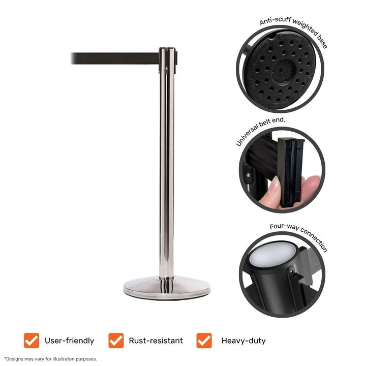 Chrome barrier post with detailed view of anti-scuff weighted base, universal belt end, and four-way connection, highlighting user-friendly and rust-resistant design.

