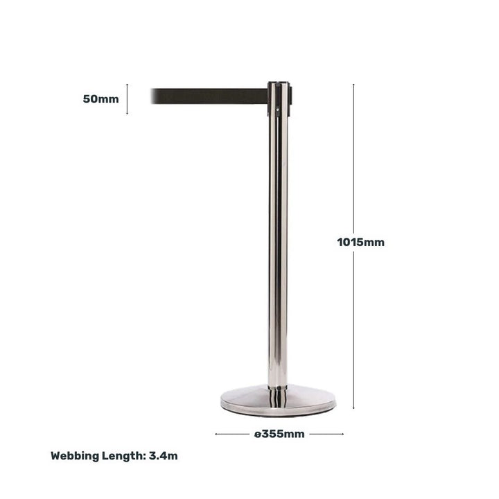 Specification image of chrome barrier post showing 1015mm height, 355mm base diameter, and 3.4 metre long black webbing belt.

