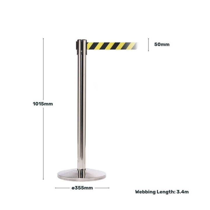 Chrome retractable barrier post with yellow and black striped belt, displayed with height, base diameter, belt width, and webbing length measurements.