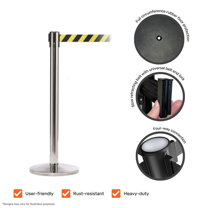 Chrome retractable barrier post with yellow and black striped belt, showing features such as rubber floor protection, belt end lock, and four-way connection.