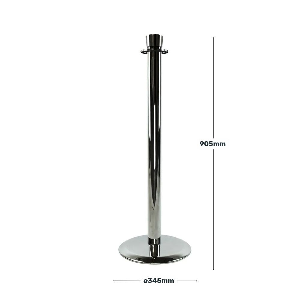 Diagram of a chrome barrier post showing height of 905mm and base diameter of 345mm, highlighting its clean design and practical dimensions.

