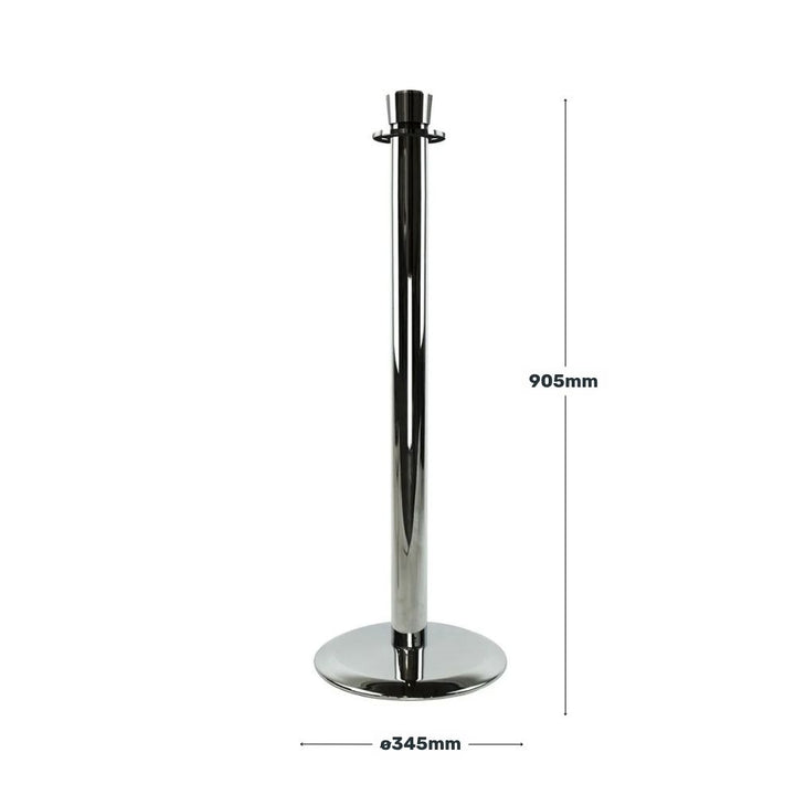 Diagram of a chrome barrier post showing height of 905mm and base diameter of 345mm, highlighting its clean design and practical dimensions.

