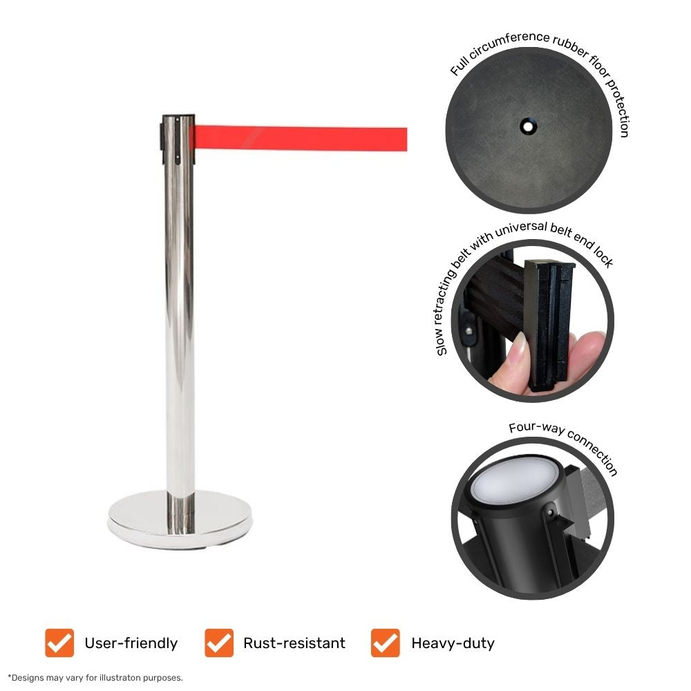Chrome barrier post with red belt, featuring detailed insets of rubber floor protection, universal belt end lock, slow retracting belt mechanism, and four-way connection.