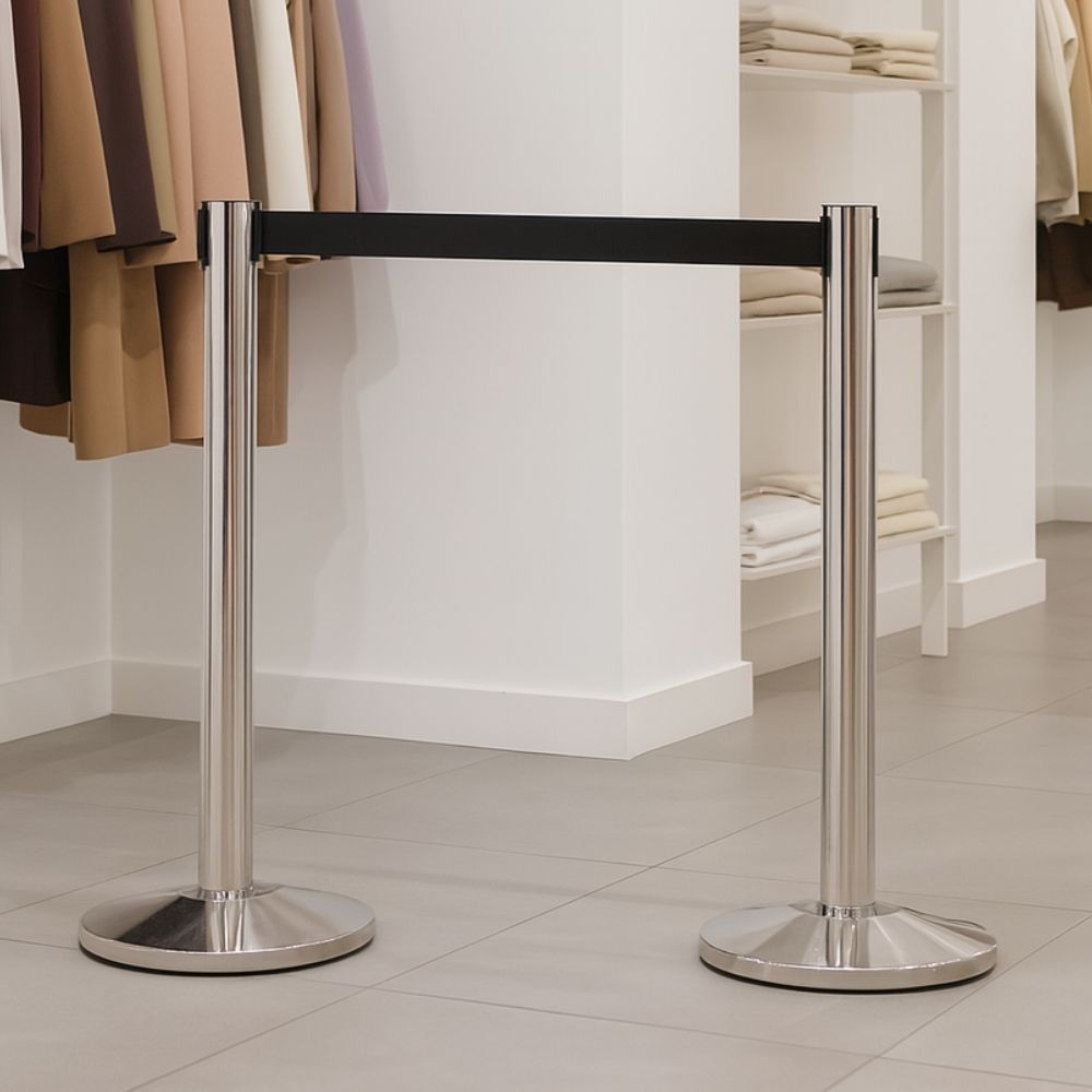 Pair of chrome barrier posts with black retractable webbing positioned in a retail clothing store with hanging garments and folded clothes on white shelving.

