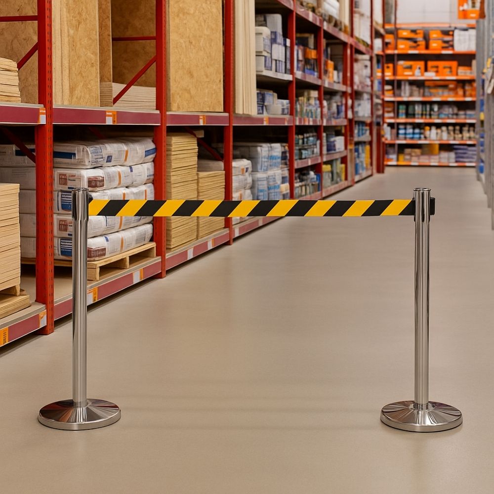 Two chrome retractable barrier posts with a yellow and black striped belt blocking an aisle in a DIY store with shelving and building materials.