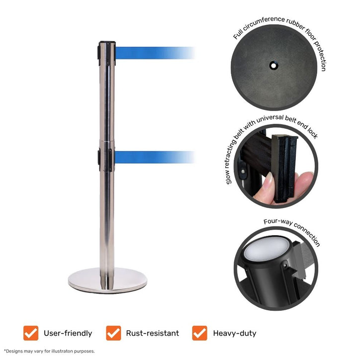 Chrome dual-belt barrier with blue webbing highlighting product features such as heavy-duty design, rust resistance, and four-way connection.