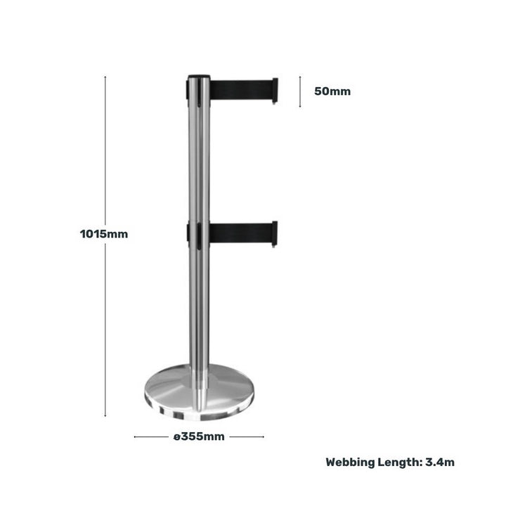 Chrome dual-belt retractable barrier post with measurement details for height, belt width, base diameter, and webbing length.