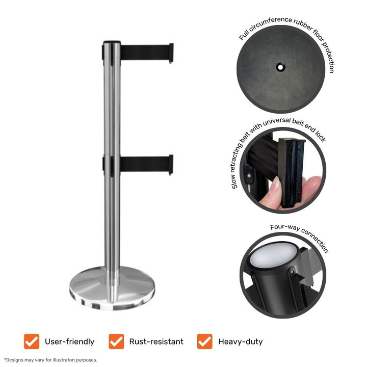 Chrome dual-belt retractable barrier post showing detailed features including rubber floor protection, universal belt end lock, and four-way connection.