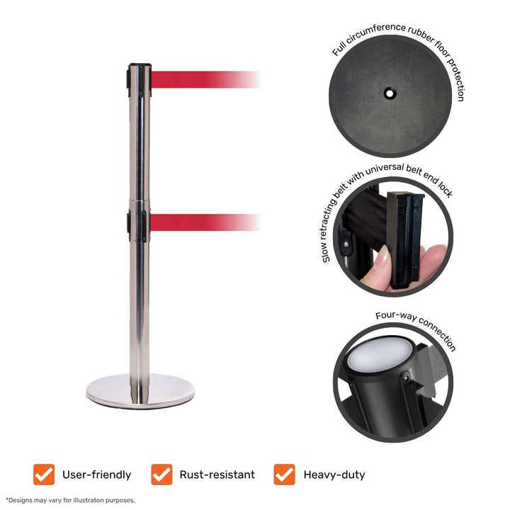 Chrome dual-belt barrier post highlighting key features including belt end lock, rubber floor protection, and four-way connection points.