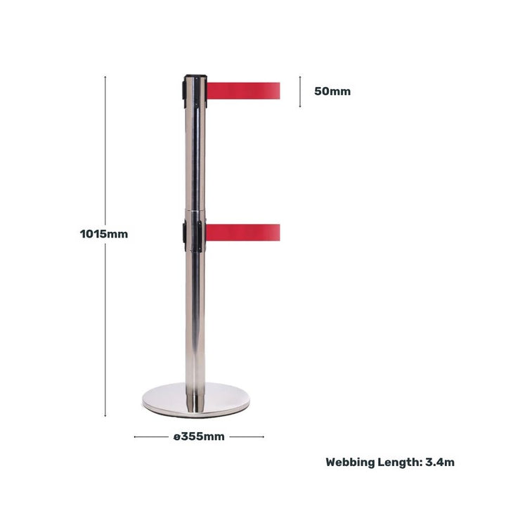 Chrome dual-belt retractable barrier post with red webbing displaying detailed measurements for height, belt width, base diameter, and webbing length.