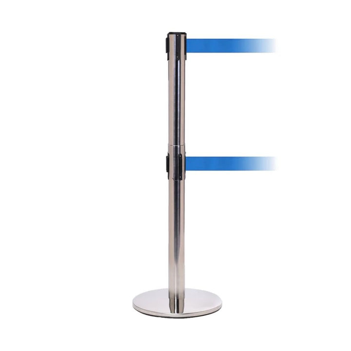 Single chrome dual-belt retractable barrier post with blue webbing displayed on a white background.