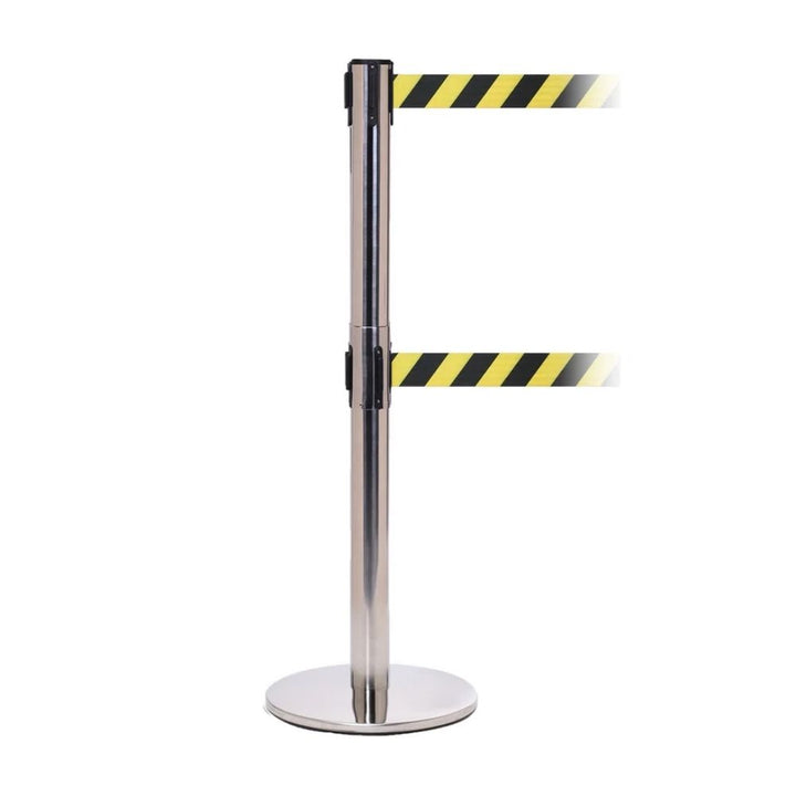 Single chrome dual-belt retractable barrier post with yellow and black hazard webbing on a white background.