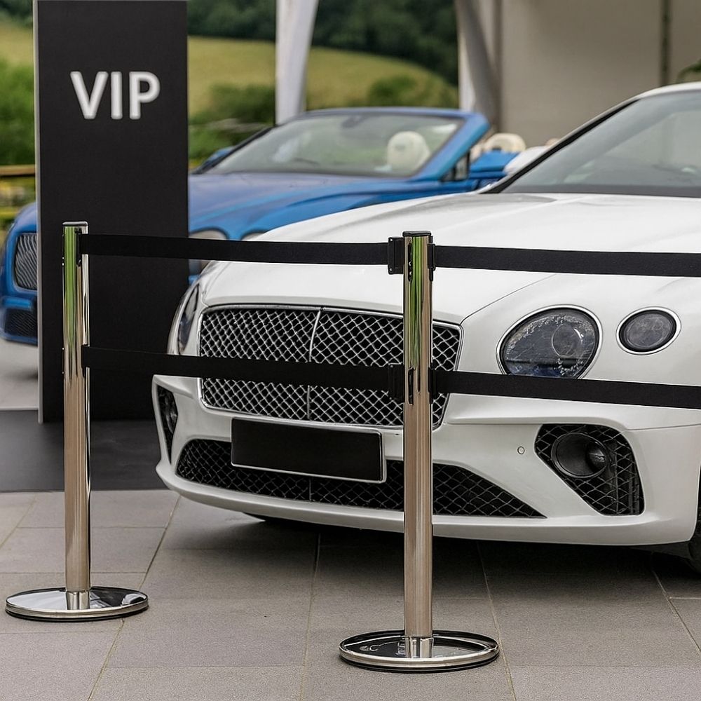 Chrome dual-belt retractable barrier posts with black webbing cordoning off a white luxury car in a VIP display area.