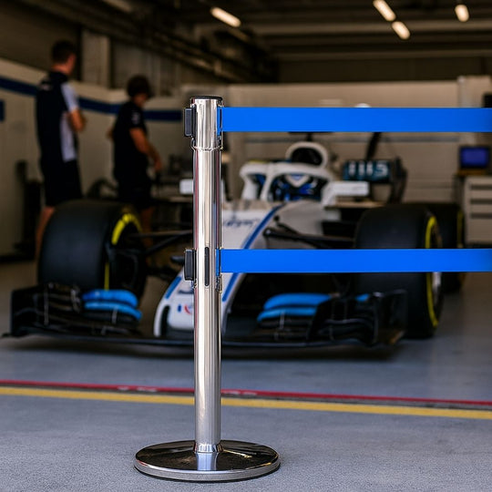 Polished Steel Retractable Barrier - Twin 3.4m Blue Belt