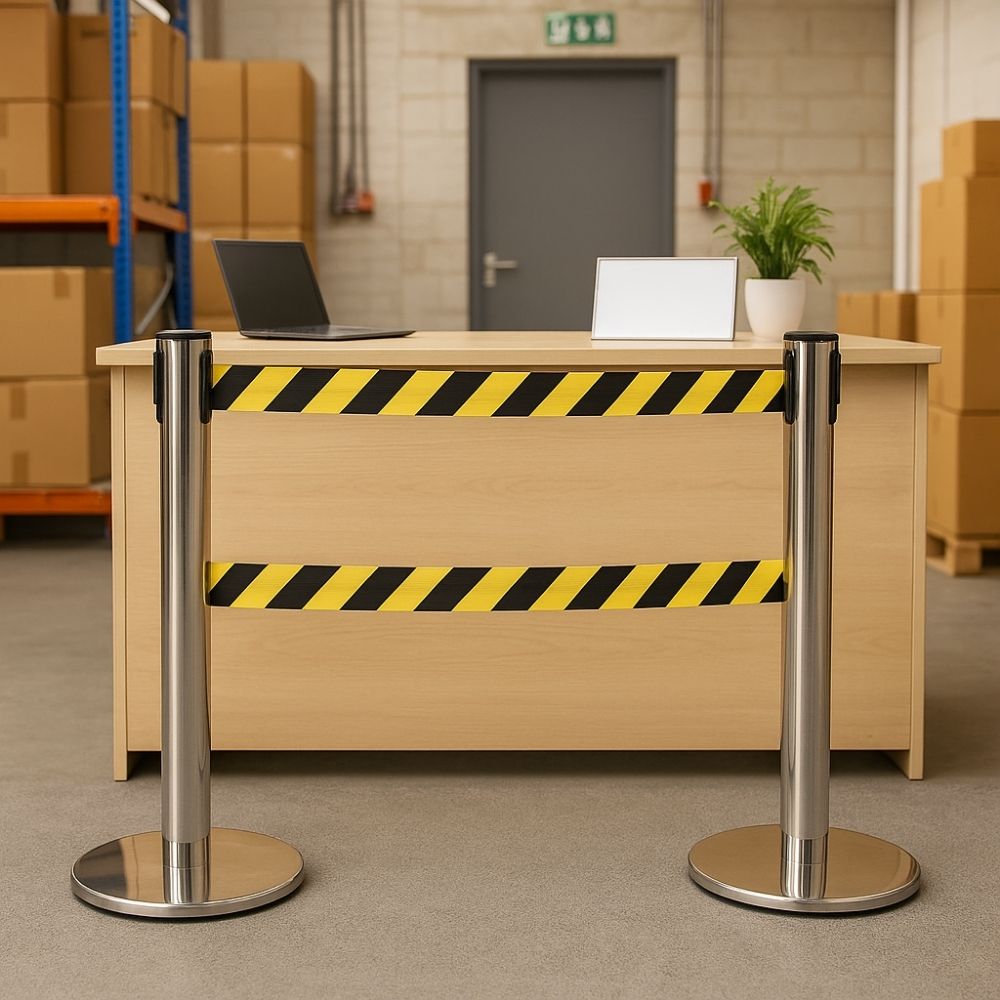 Chrome dual-belt retractable barrier with yellow and black hazard webbing placed in front of a desk in a warehouse setting.