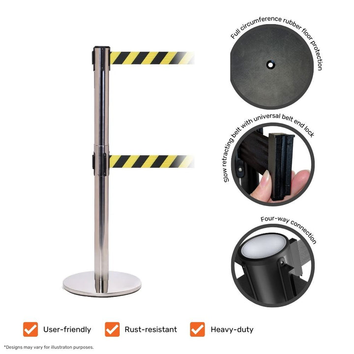 Chrome dual-belt barrier with yellow and black hazard webbing highlighting product features such as user-friendly design, rust resistance, and heavy-duty construction.