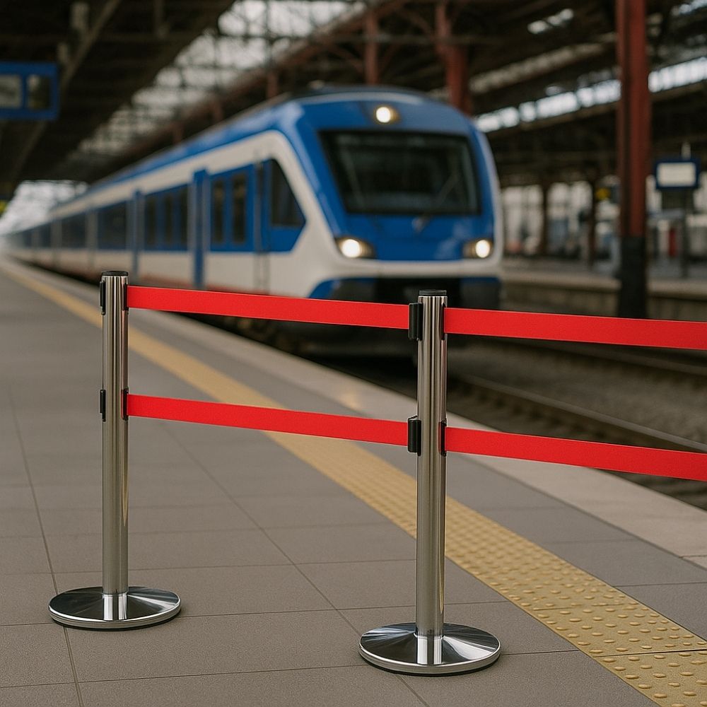 Chrome retractable belt barrier posts with red dual webbing on a train station platform with a blue and white train in the background.