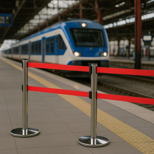 Polished Steel Retractable Barrier - Twin 3.4m Red Belt