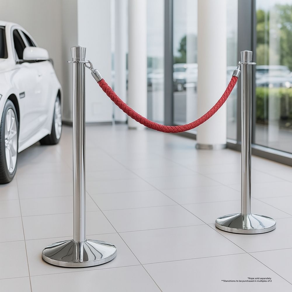 Chrome post and red rope barrier used in a sleek car showroom to section off a display area, with a white car and large glass windows in the background.

