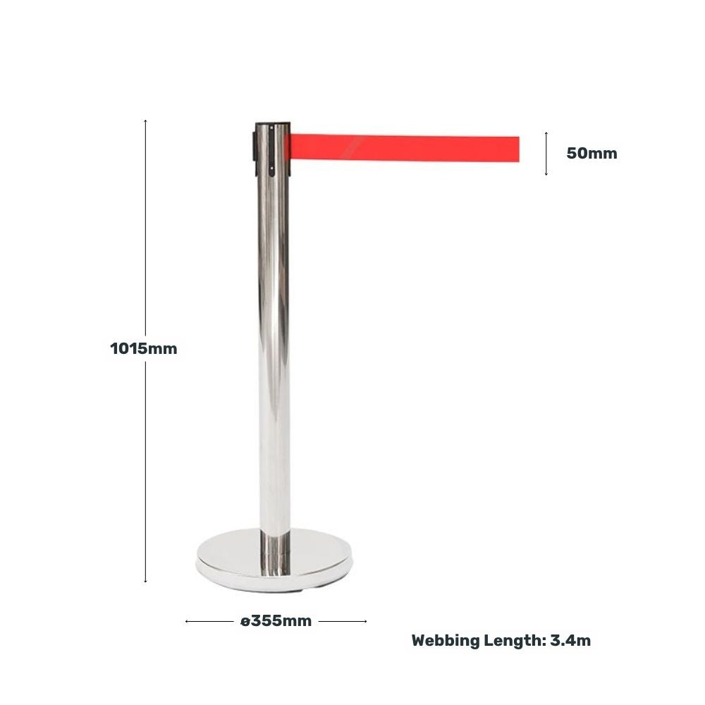 Chrome retractable barrier post with red belt, displaying measurements of height, base diameter, belt width, and webbing length.