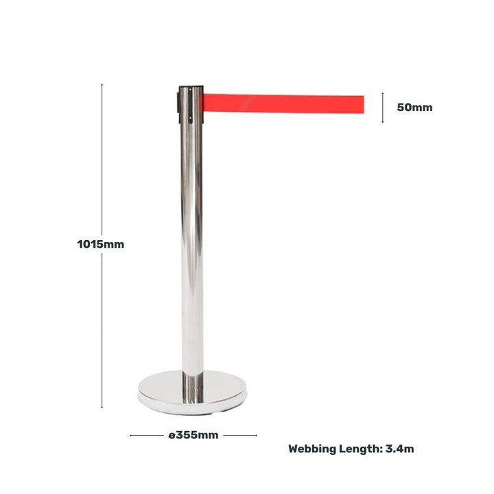 Chrome retractable barrier post with red belt, displaying measurements of height, base diameter, belt width, and webbing length.