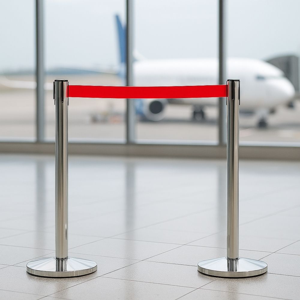 Two chrome retractable barrier posts with a red belt set up in an airport terminal with a blurred aircraft visible through large windows in the background.