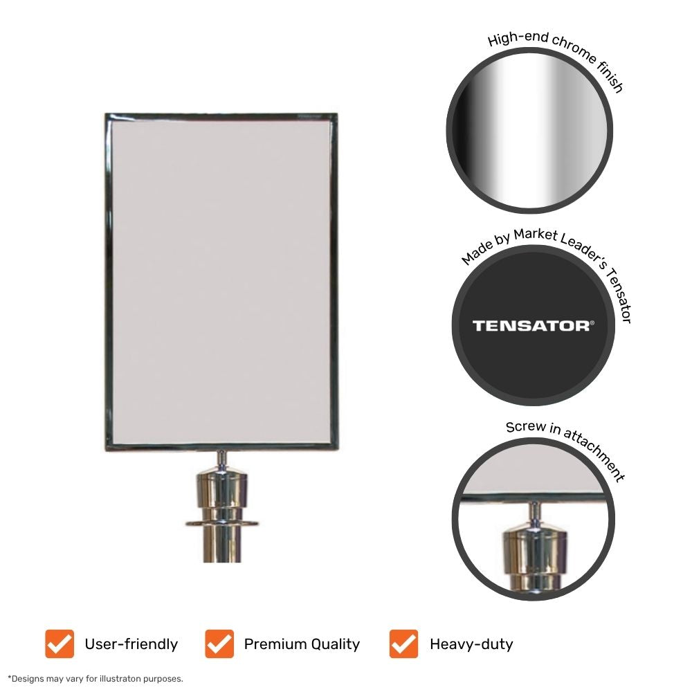 Chrome sign holder showing product details including screw-in attachment, premium quality finish, and durability features.
