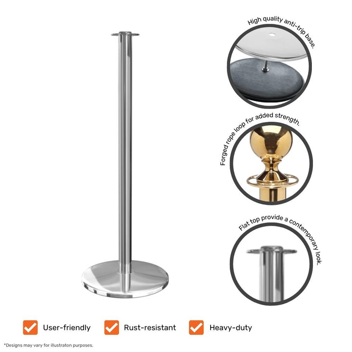 Chrome stanchion post showing close-up features such as anti-trip base, forged rope loop, and contemporary flat top design.