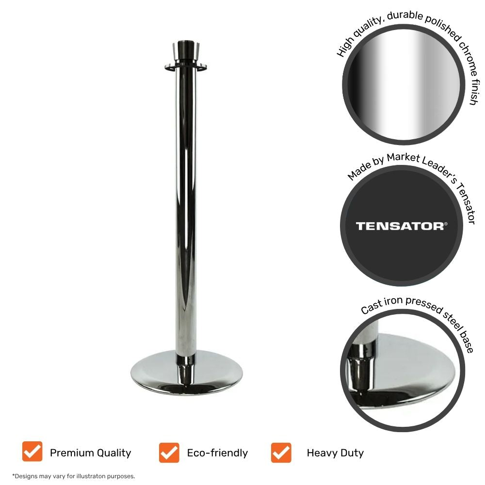 Polished chrome Tensator barrier post with callouts for key features including high-quality finish, eco-friendly design, heavy-duty build, and cast iron base.

