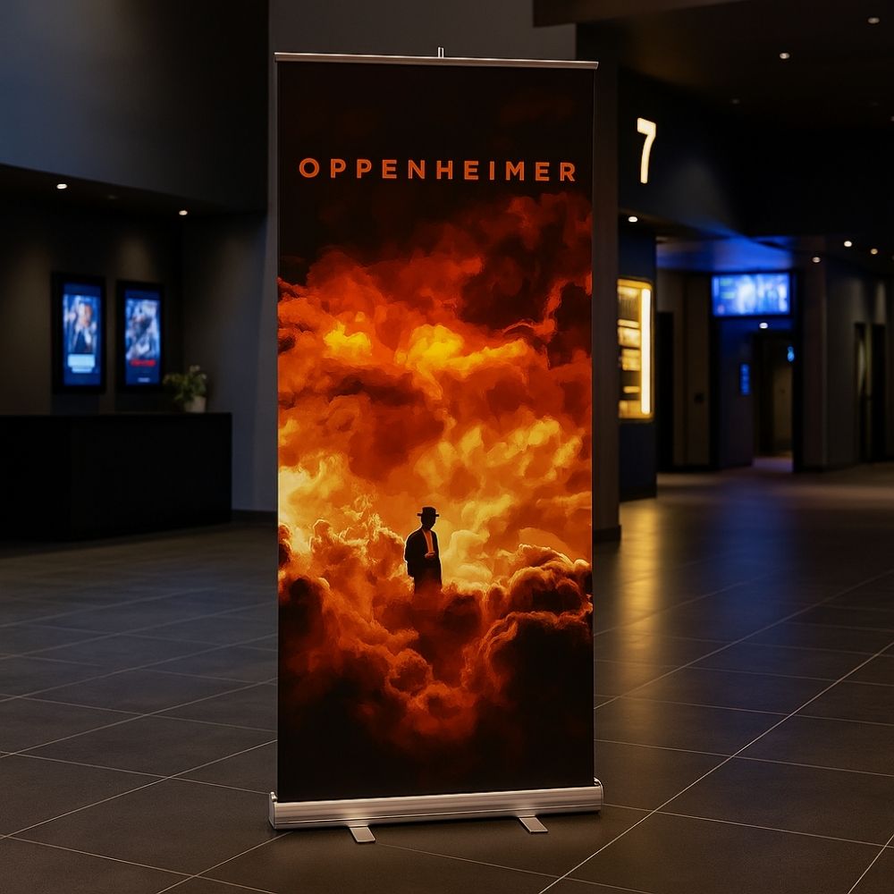 Freestanding pop-up banner placed in a cinema lobby featuring Oppenheimer promotional artwork in warm fiery tones, used to attract moviegoers.

