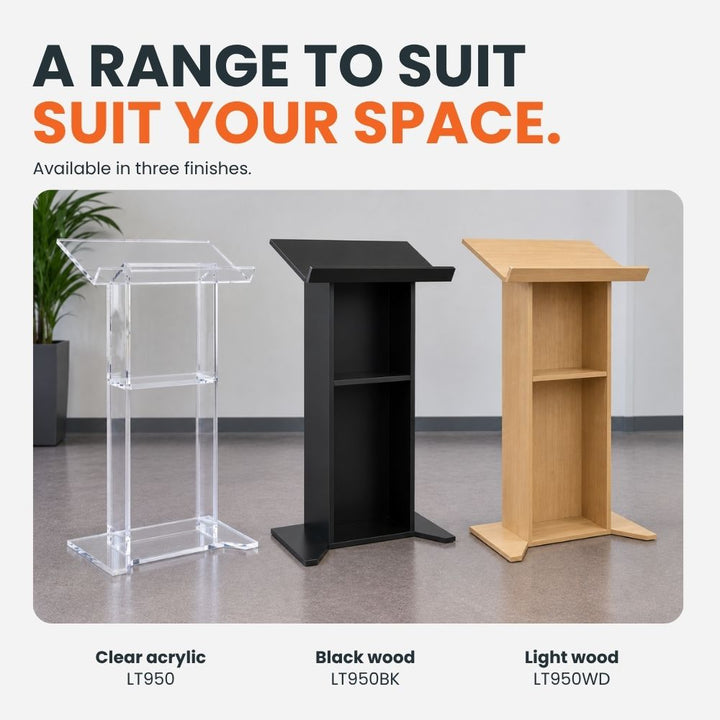 Lectern range showing clear acrylic, black wood and light wood finishes for professional presentation and speaking environments.