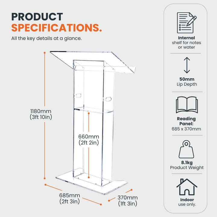 Clear acrylic lectern measuring 1180mm high, 685mm wide and 370mm deep, with a 685 x 370mm reading panel, internal shelf, 50mm lip and 8.1kg product weight.