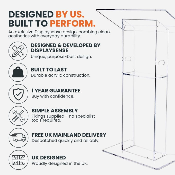 Clear acrylic lectern highlighting Displaysense design, durable construction, one-year guarantee, simple assembly, free UK mainland delivery and UK design.