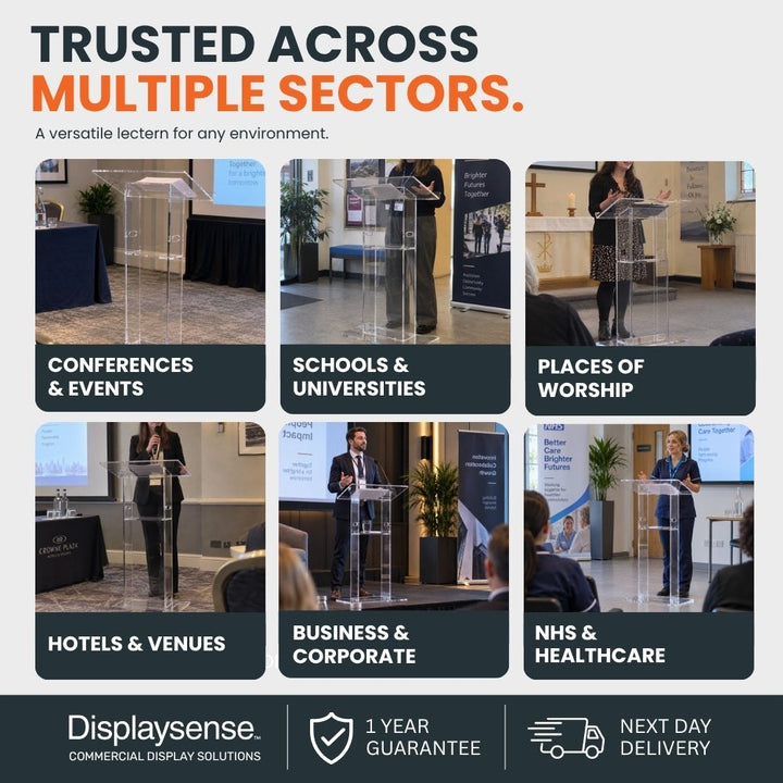 Clear acrylic lecterns shown in conferences, schools, places of worship, hotels, corporate events and healthcare settings, demonstrating versatile professional use.