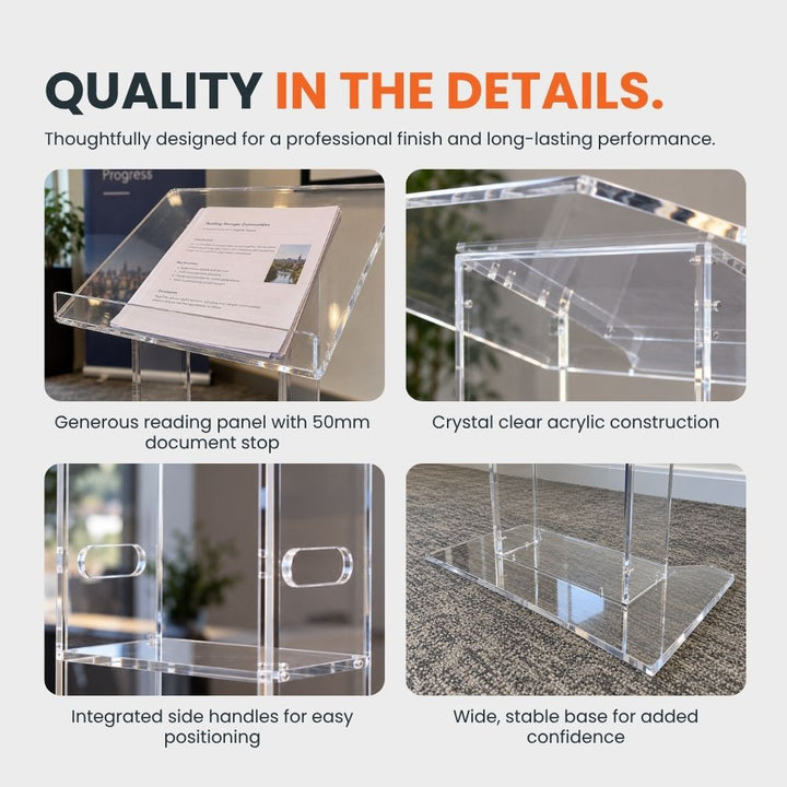 Clear acrylic lectern feature guide showing a generous reading panel with 50mm document stop, crystal-clear construction, integrated side handles and a wide stable base.