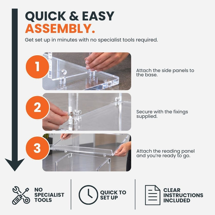 Three-step assembly guide for a clear acrylic lectern showing how to attach the side panels, secure the supplied fixings and fit the reading panel.