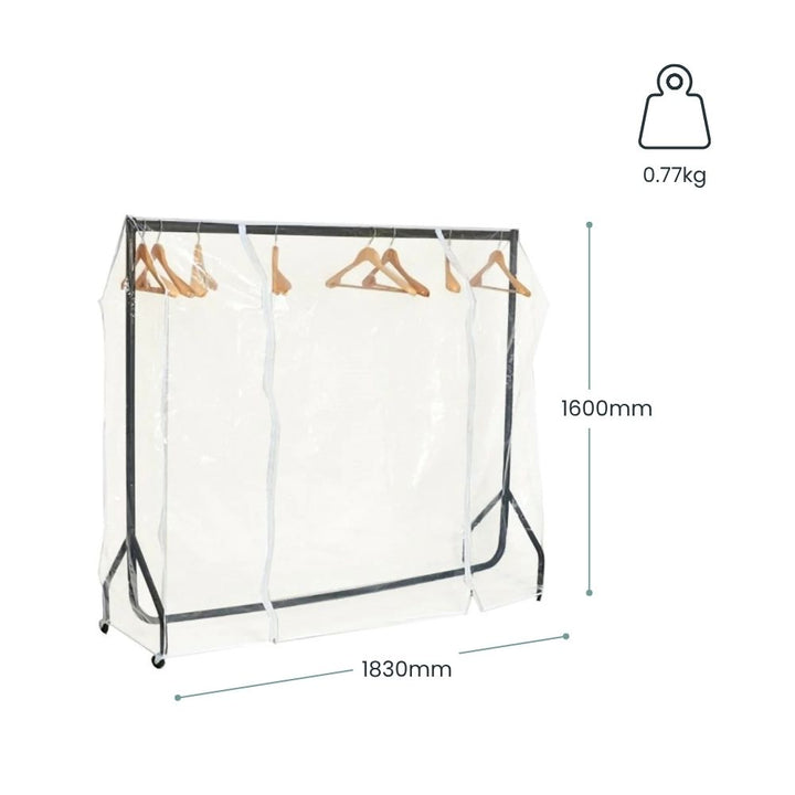 Dimension diagram: clear PVC clothes rail cover 1830mm wide and 1600mm tall fitted to a single-tier rail with hangers, weight 0.77kg.
