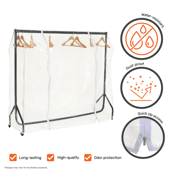 Zipped 5ft clothes rail cover – clear PVC design for shielding garments from dust and moisture