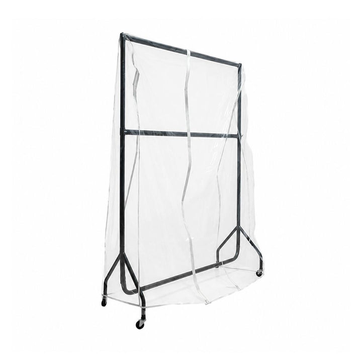 Clear plastic garment rack cover designed for clothing storage and protection with zip-front access and wheeled frame compatibility.