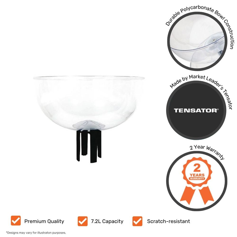 Clear polycarbonate collection bowl with a 7.2-litre capacity, designed for mounting on stanchions, featuring a durable and scratch-resistant finish.