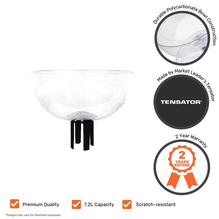 Clear polycarbonate collection bowl with a 7.2-litre capacity, designed for mounting on stanchions, featuring a durable and scratch-resistant finish.