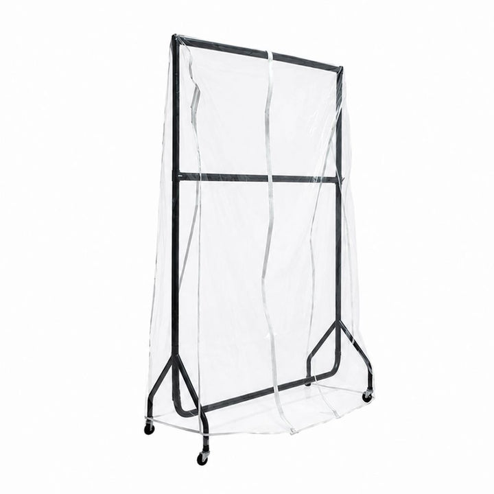 Clear zip-up garment rack cover designed for wheeled clothing rails, offering dust protection and easy access for retail storage.
