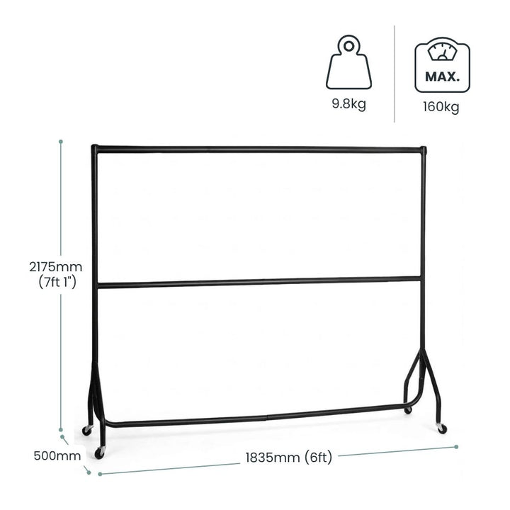 Dimensioned view of the two-tier rail: 1835mm wide, 2175mm tall, 500mm deep, 9.8kg unit weight and a 160kg maximum load.
