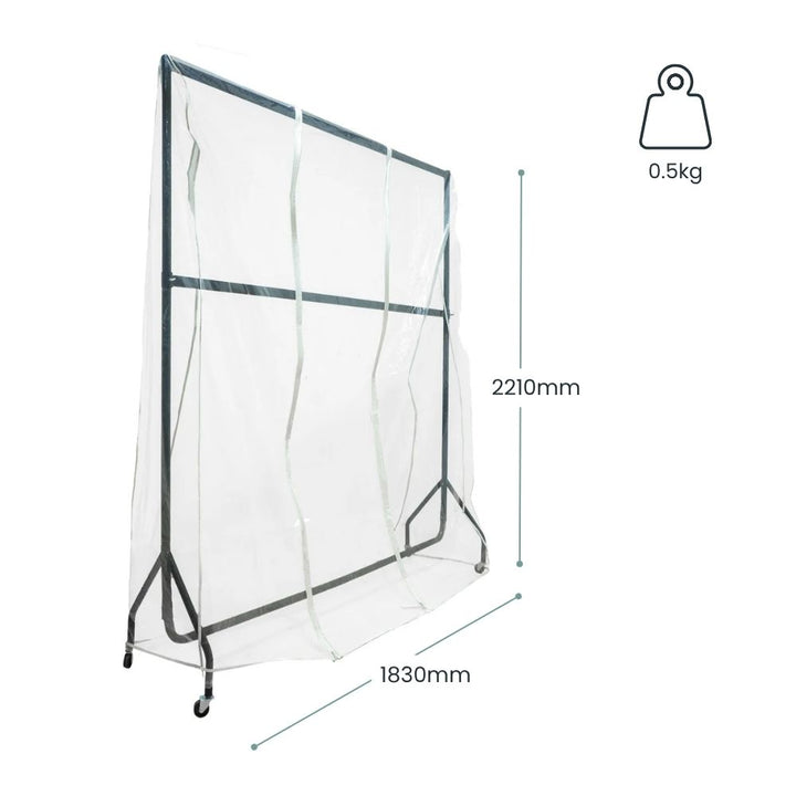 Dimension diagram: clear PVC clothes rail cover 2210mm tall and 1830mm wide over a two-tier steel rail on castors, unit weight 0.5kg.
